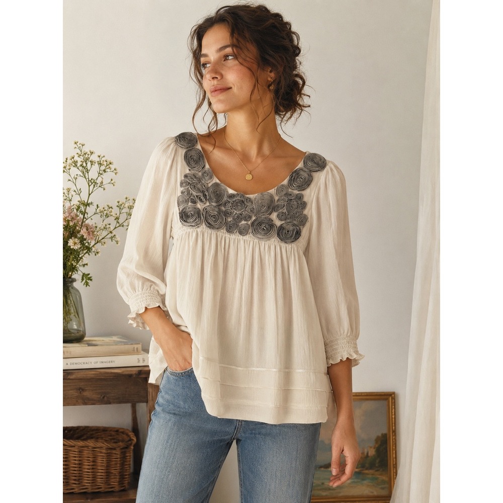 ECI New York Rosette Blouse Women 10 Cream Chiffon Boho Babydoll Fairy Top